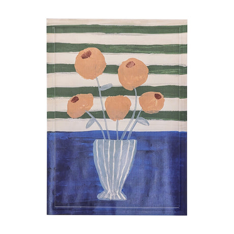 Florinda Wooden Framed Print in Multi, painterly still life of orange flowers in a striped vase against green and white stripes with a blue tabletop band.