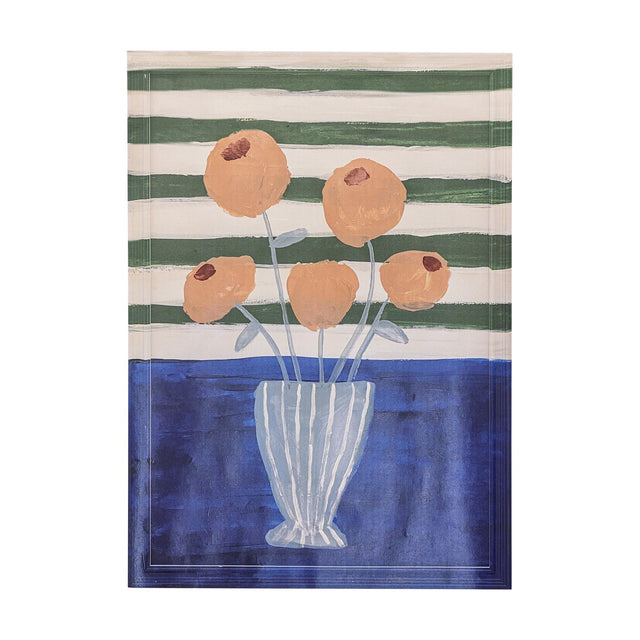 Florinda Wooden Framed Print in Multi, painterly still life of orange flowers in a striped vase against green and white stripes with a blue tabletop band.