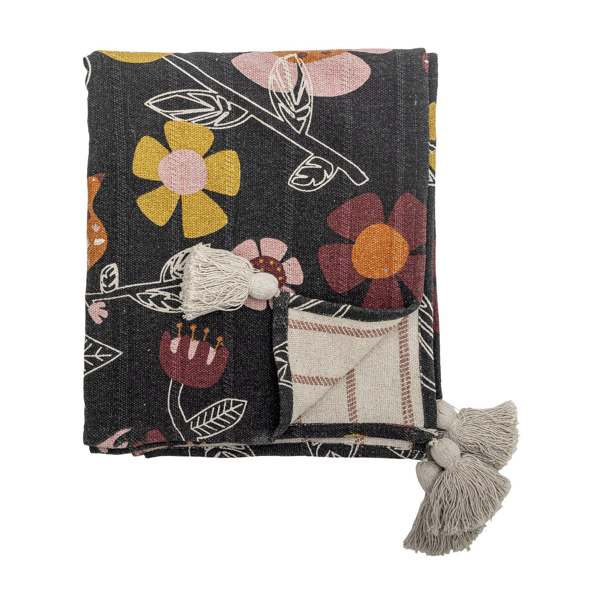 Vivielle Striped Throw in Multi, folded on a white background with a dark floral front featuring pink, yellow and burgundy blooms, a striped reverse, and grey tassel ties.