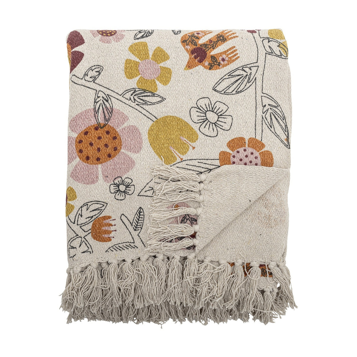 Vivielle Floral Throw in multicoloured cotton-blend fabric, folded to show an open flower, leaf and bird print with long knotted fringe, on a plain white background.