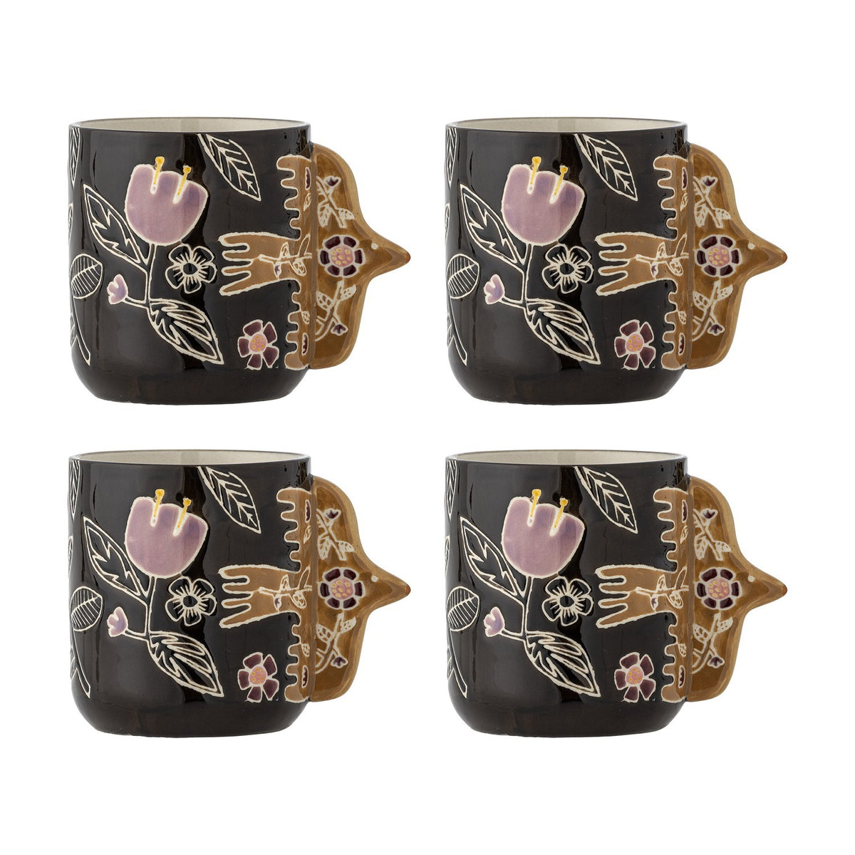 Vivielle Floral Stoneware Cups 325ml Set of 4 - Black