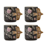 Vivielle Floral Stoneware Cups 325ml Set of 4 - Black
