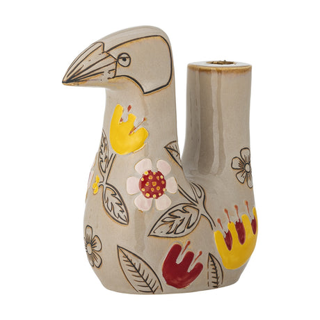 Vivielle Bird Stoneware Candle Holder in multi-coloured floral design, featuring a bird-shaped body with pointed beak and single candle tube, shown on a plain white background.