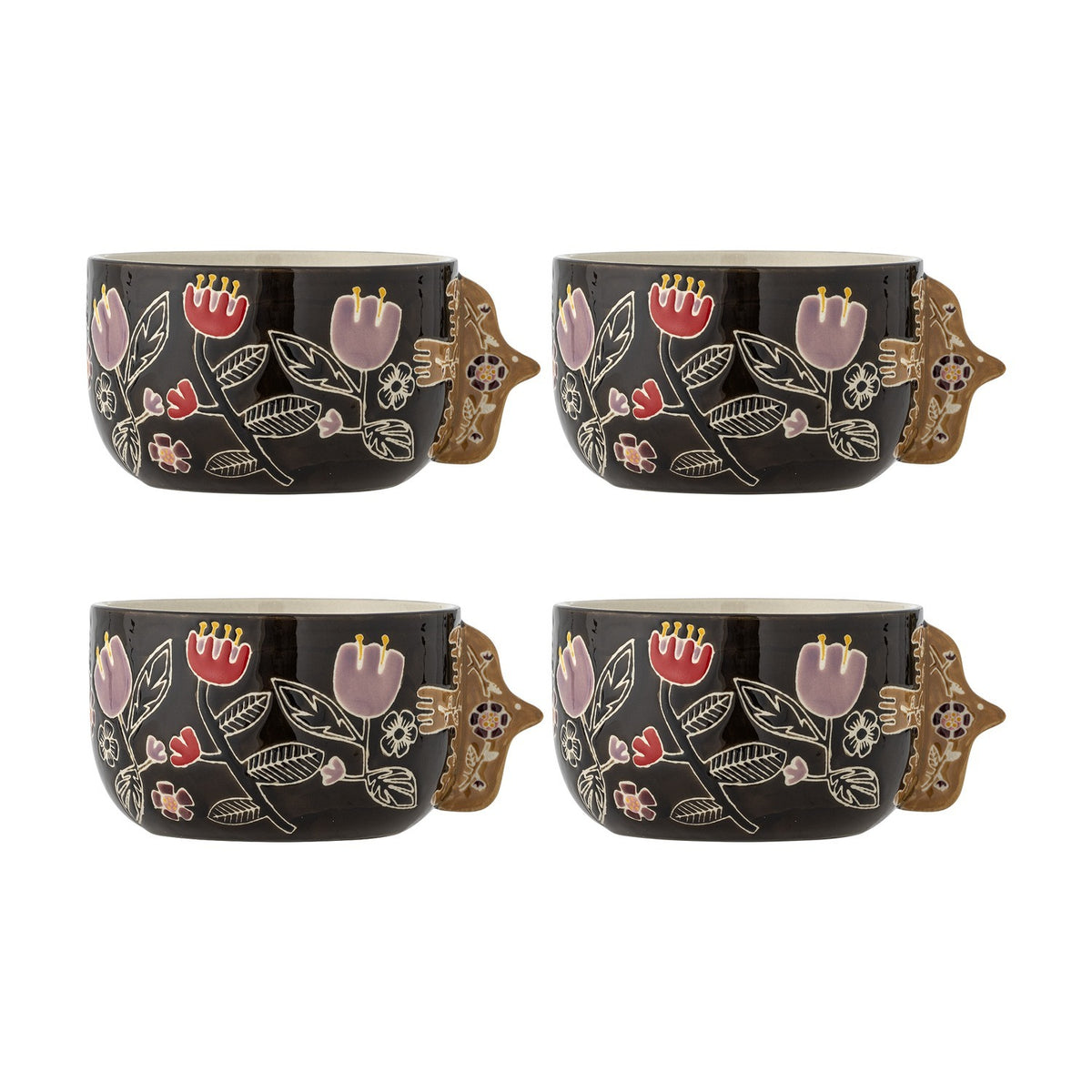 Vivielle Black Floral Stoneware Bowls 13cm Set of 4 - Multi