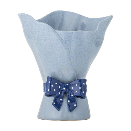 Belivia Bouquet Stoneware Vase 28.5cm in speckled blue with a wavy, petal-like rim, draped folded sides, and a glossy navy polka-dot bow at the base, on a plain white background.
