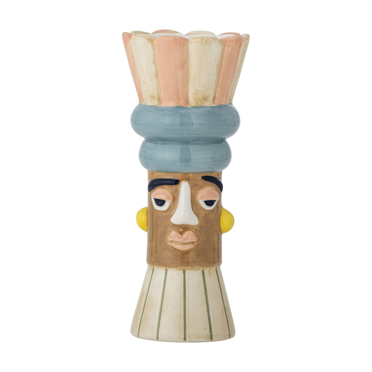 Minio Ceramic Vase 17cm in multi, a face-shaped bud vase with scalloped petal rim, blue banded headdress, painted features and striped tapered base, shown on a plain white background.