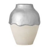 Silvio Stoneware Vase 26cm in Silver, with a glossy silver neck and shoulders over a textured cream stoneware base, shown on a plain white background.