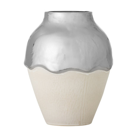 Silvio Stoneware Vase 26cm in Silver, with a glossy silver neck and shoulders over a textured cream stoneware base, shown on a plain white background.