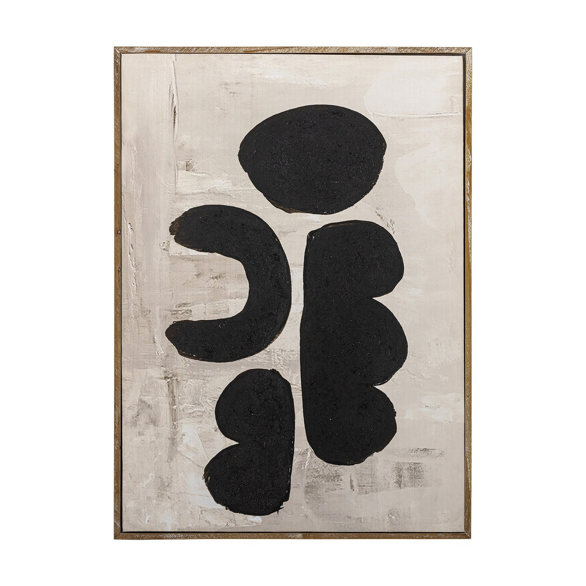 Comma Wooden Framed Print in Black, featuring four rounded abstract shapes with a grainy textured finish on a brushed beige canvas, set in a slim firwood frame against a plain white background.