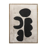 Comma Wooden Framed Print in Black, featuring four rounded abstract shapes with a grainy textured finish on a brushed beige canvas, set in a slim firwood frame against a plain white background.