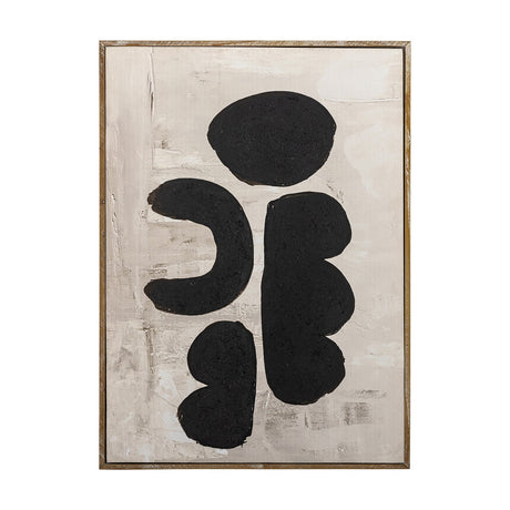 Comma Wooden Framed Print in Black, featuring four rounded abstract shapes with a grainy textured finish on a brushed beige canvas, set in a slim firwood frame against a plain white background.