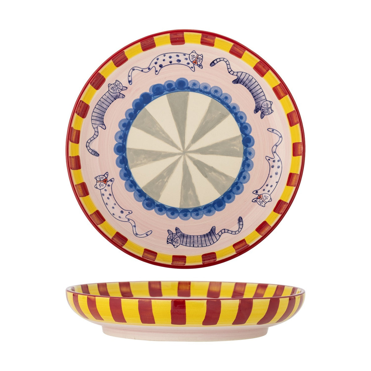 Round deep-sided multicolour stoneware tray with handpainted cat motifs, blue scalloped border, fan centre, and red-and-yellow striped rim, shown front and side on white background.