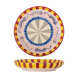 Round deep-sided multicolour stoneware tray with handpainted cat motifs, blue scalloped border, fan centre, and red-and-yellow striped rim, shown front and side on white background.