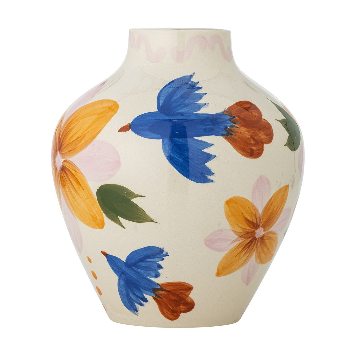 Maricala Floral Stoneware Vase 27cm in cream with hand-painted blue birds, orange flowers and green leaves, rounded body on a narrow foot, shown against a white background.