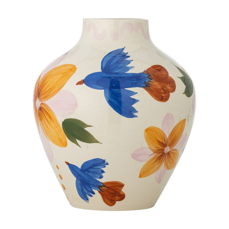 Maricala Floral Stoneware Vase 27cm in cream with hand-painted blue birds, orange flowers and green leaves, rounded body on a narrow foot, shown against a white background.