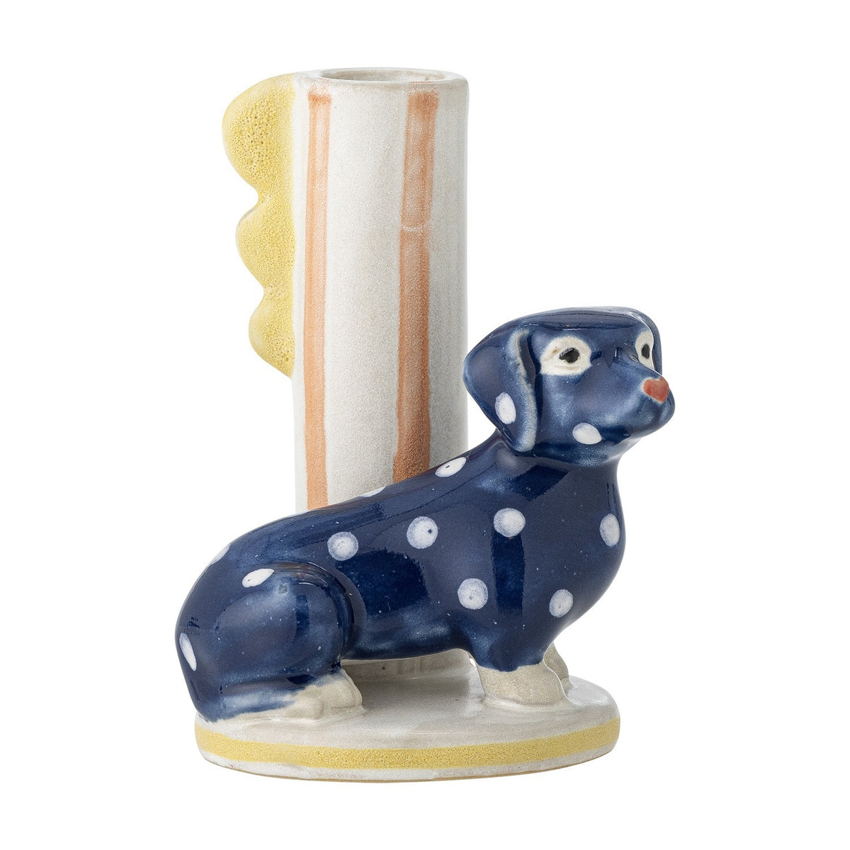 Dachsy Dog Stoneware Candle Holder in multicoloured ceramic, featuring a seated polka-dot dachshund beside a striped candle tube with a scalloped yellow fin, on a white background.