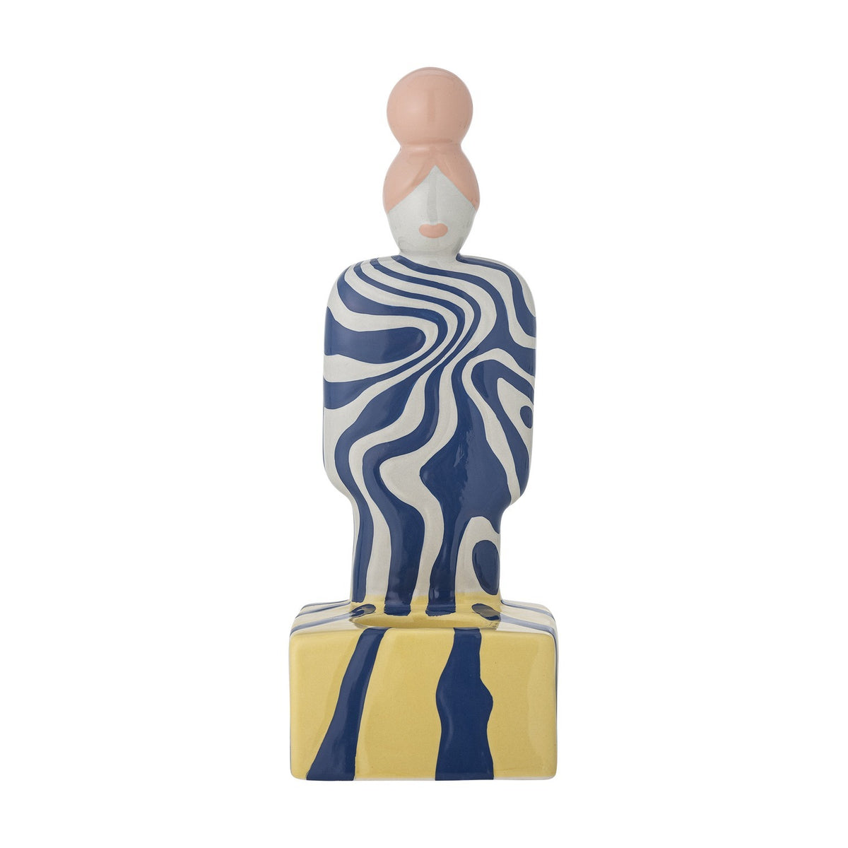 Priya Stoneware Tealight Holder in Multi, a ceramic figure with a pink bun, blue-and-white swirl patterned body, standing on a yellow and navy striped block base, shown on a plain white background.