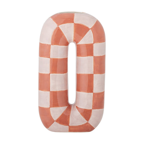 Mae Ceramic Vase 32cm in Orange, a tall rounded loop-shaped dolomite vase handpainted in an orange and white check pattern, shown against a plain white background.