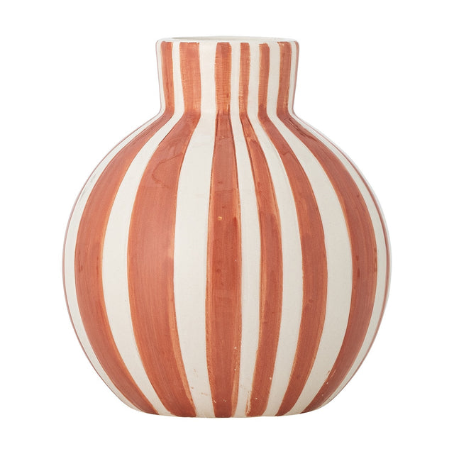 Fian Striped Ceramic Vase 11cm in Orange, a round hand-painted dolomite vase with a short neck and vertical orange and white stripes, shown on a plain white background.