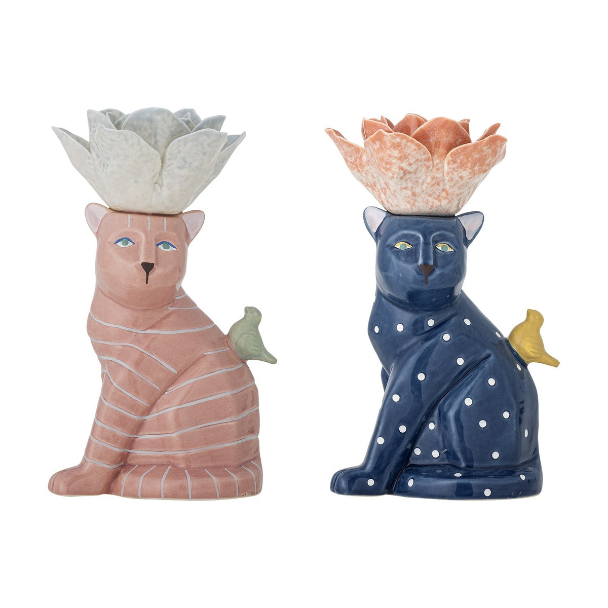 Eri Cat Stoneware Candle Holders, Set of 2, featuring a pink striped cat and a navy polka-dot cat, each with a flower-shaped candle cup and perched bird, on a white background.