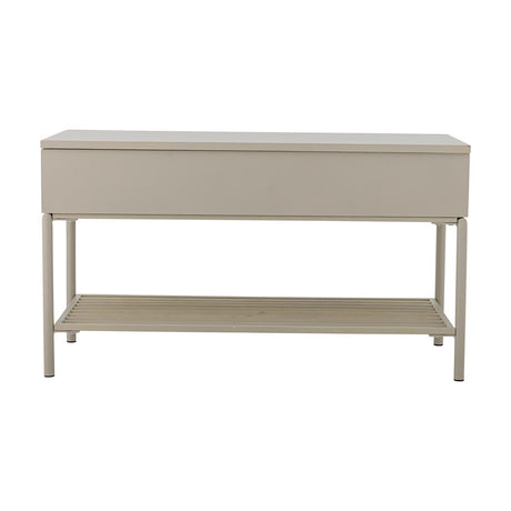 Aveline Bench in beige, a storage bench with lift-up MDF top, slim metal legs, and a slatted lower shelf, shown against a plain white background.
