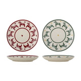 Set of 2 round stoneware Christmas plates with scalloped edges, featuring trotting horses with hearts in cream and red, and horses with stars in cream and green.