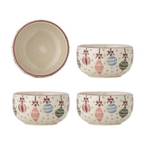 Ornamentia Embossed Christmas Bowls 13cm Set of 4 in multicoloured stoneware, shown from above and at angle with embossed bauble, bow and dot pattern, on a white background.