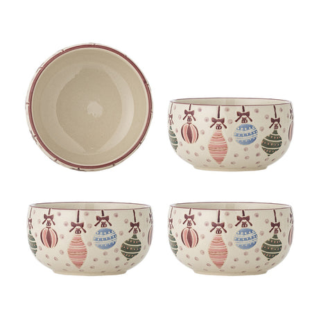 Ornamentia Embossed Christmas Bowls 13cm Set of 4 in multicoloured stoneware, shown from above and at angle with embossed bauble, bow and dot pattern, on a white background.