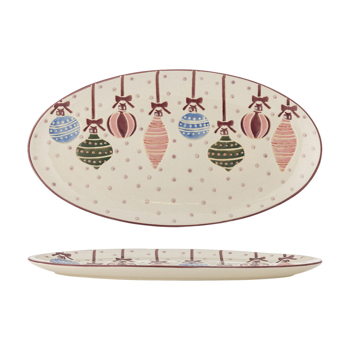 Ornamentia oval stoneware Christmas platter in cream with hand-painted multicoloured hanging baubles and dotted pattern, shown from above and in profile on a white background.