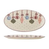 Ornamentia oval stoneware Christmas platter in cream with hand-painted multicoloured hanging baubles and dotted pattern, shown from above and in profile on a white background.