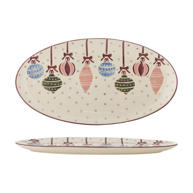 Ornamentia oval stoneware Christmas platter in cream with hand-painted multicoloured hanging baubles and dotted pattern, shown from above and in profile on a white background.