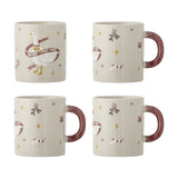 Mary Embossed Stoneware Christmas Mugs 295ml, set of four cream ceramic mugs with pink handles, hand-painted goose, mistletoe, stars, and stocking motifs on a white background.