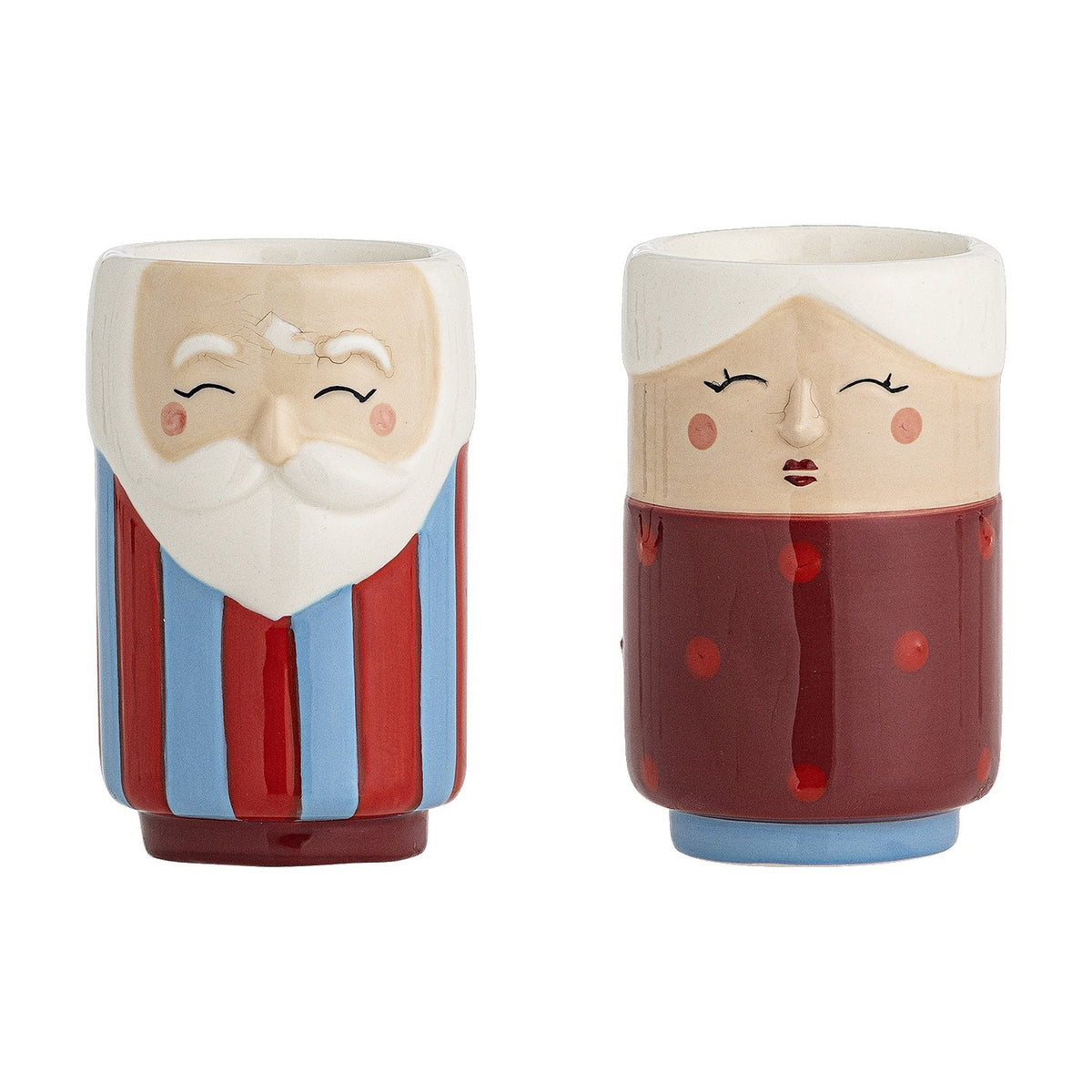 Granny Embossed Christmas Salt & Pepper Shakers set of 2 in red, ceramic grandfather and grandmother figures with embossed faces, striped and polka-dot coats, on a white background.