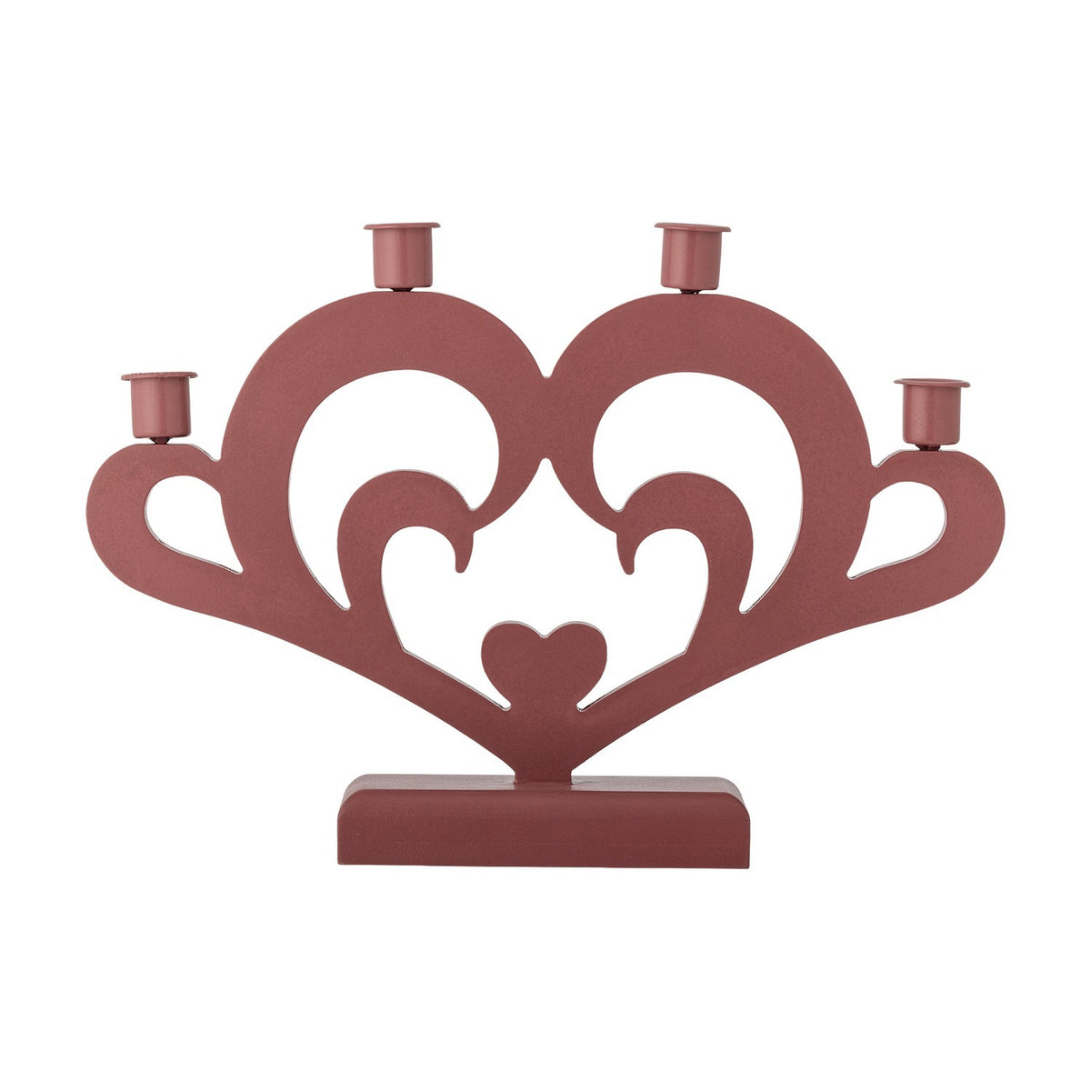 Salia Heart Advent Candle Holder in red MDF, a heart-shaped cut-out with scroll details and a small solid heart centre, holding four candle cups along the top, on a plain white background.