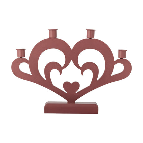 Salia Heart Advent Candle Holder in red MDF, a heart-shaped cut-out with scroll details and a small solid heart centre, holding four candle cups along the top, on a plain white background.