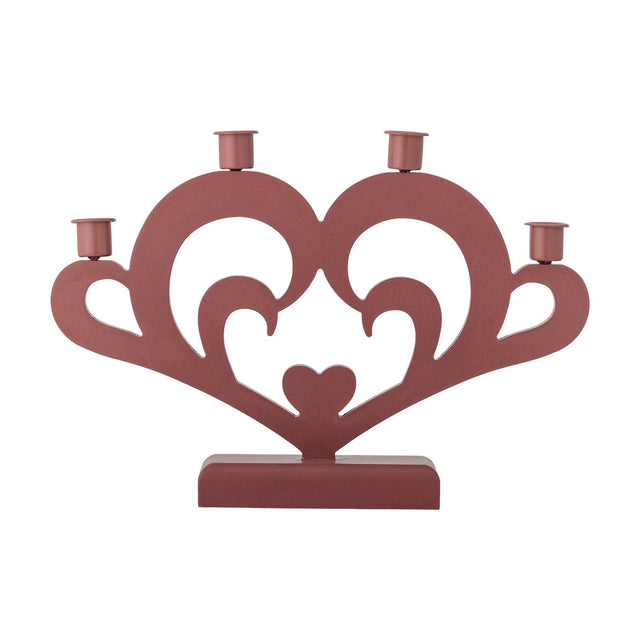 Salia Heart Advent Candle Holder in red MDF, a heart-shaped cut-out with scroll details and a small solid heart centre, holding four candle cups along the top, on a plain white background.