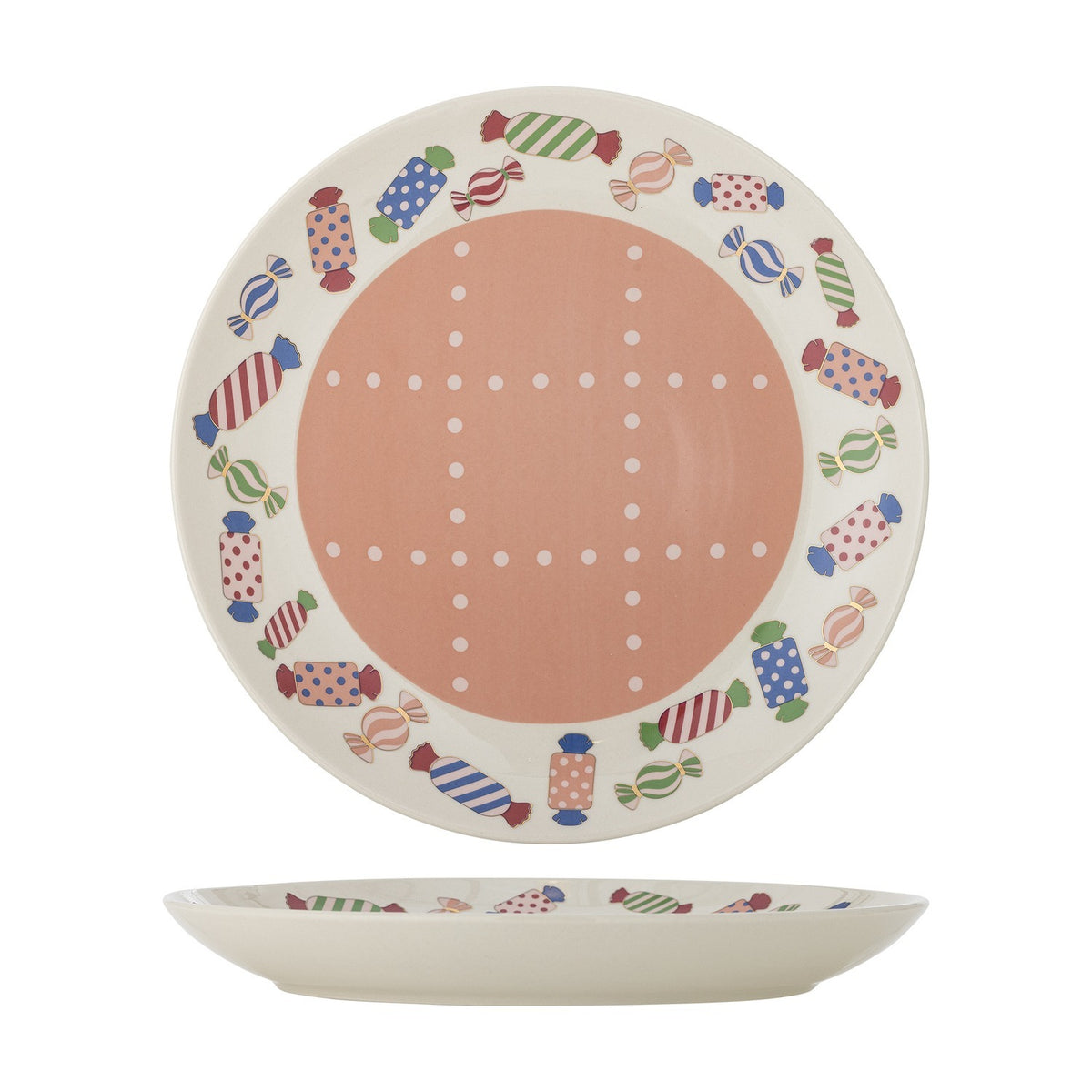 Caramella Stoneware Christmas Dinner Plate in multicoloured, featuring a rim of wrapped sweet motifs and a pink centre with a dotted grid, shown front and side view on a white background.