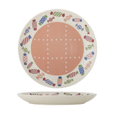Caramella Stoneware Christmas Dinner Plate in multicoloured, featuring a rim of wrapped sweet motifs and a pink centre with a dotted grid, shown front and side view on a white background.