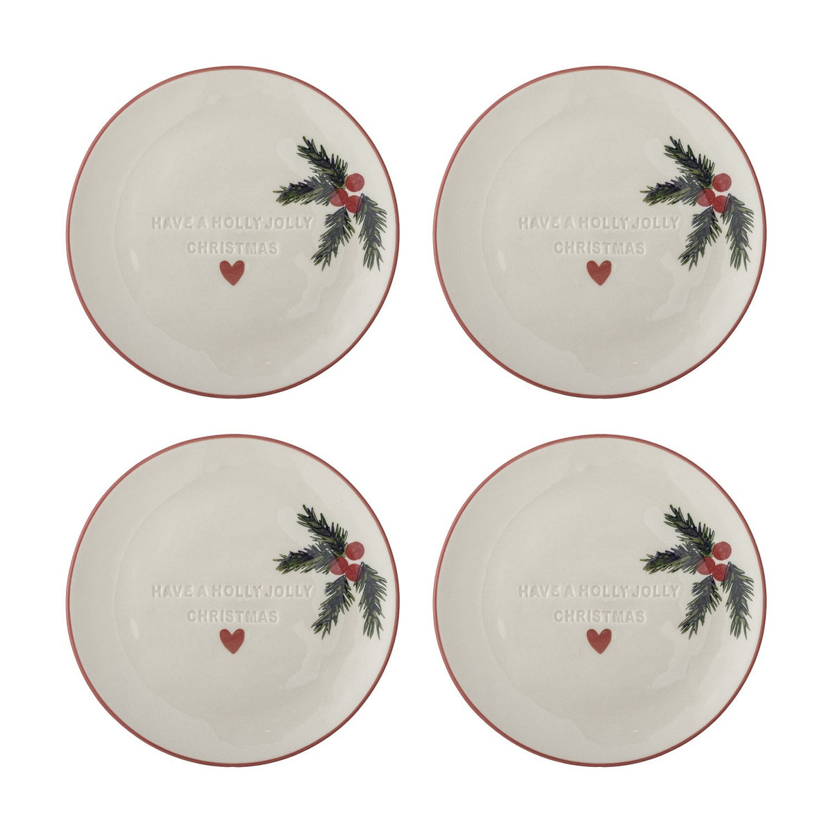 Set of four cream stoneware side plates with red rims, embossed "Have a Holly Jolly Christmas" text, a red heart, and a painted holly sprig, shown on a white background.