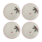 Set of four cream stoneware side plates with red rims, embossed "Have a Holly Jolly Christmas" text, a red heart, and a painted holly sprig, shown on a white background.