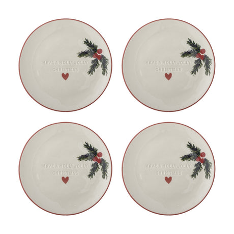 Set of four cream stoneware side plates with red rims, embossed "Have a Holly Jolly Christmas" text, a red heart, and a painted holly sprig, shown on a white background.