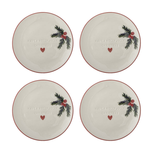 Set of four cream stoneware side plates with red rims, embossed "Have a Holly Jolly Christmas" text, a red heart, and a painted holly sprig, shown on a white background.