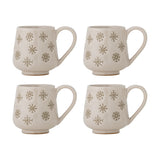Set of four cream stoneware Christmas mugs with hand-painted gold snowflake patterns and plain curved handles, 292ml capacity, shown on a white background.