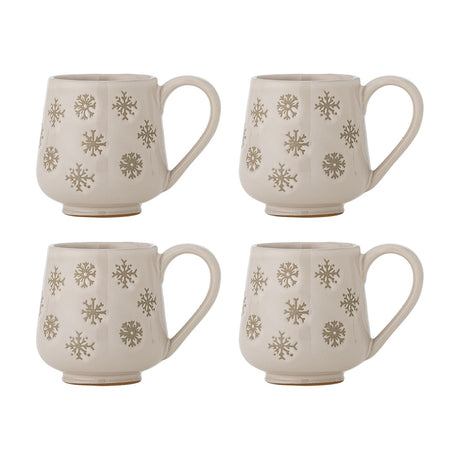 Set of four cream stoneware Christmas mugs with hand-painted gold snowflake patterns and plain curved handles, 292ml capacity, shown on a white background.
