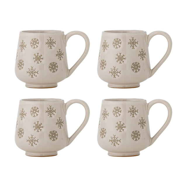 Set of four cream stoneware Christmas mugs with hand-painted gold snowflake patterns and plain curved handles, 292ml capacity, shown on a white background.