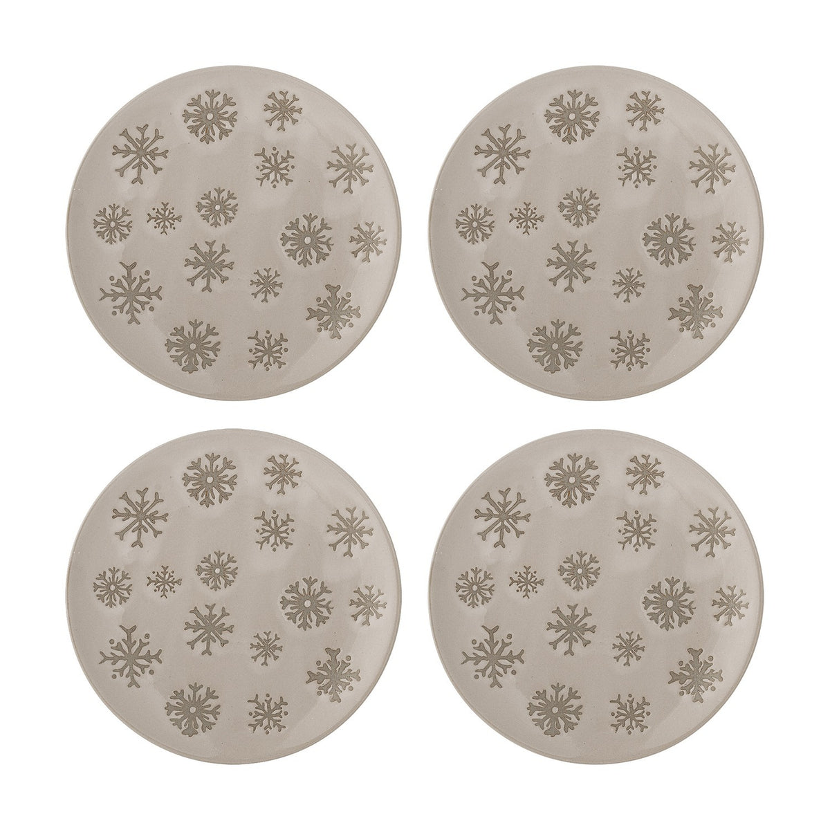 Set of four round beige stoneware side plates with embossed snowflake patterns in varying sizes, shown on a plain white background.