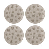 Set of four round beige stoneware side plates with embossed snowflake patterns in varying sizes, shown on a plain white background.