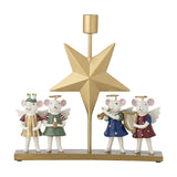 Peo Star resin Christmas candle holder with a gold faceted star and stem holding a candle cup, four winged mouse angel figures in coloured dresses on a long base.