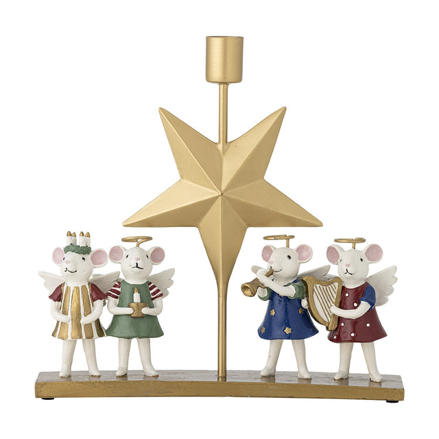Peo Star resin Christmas candle holder with a gold faceted star and stem holding a candle cup, four winged mouse angel figures in coloured dresses on a long base.