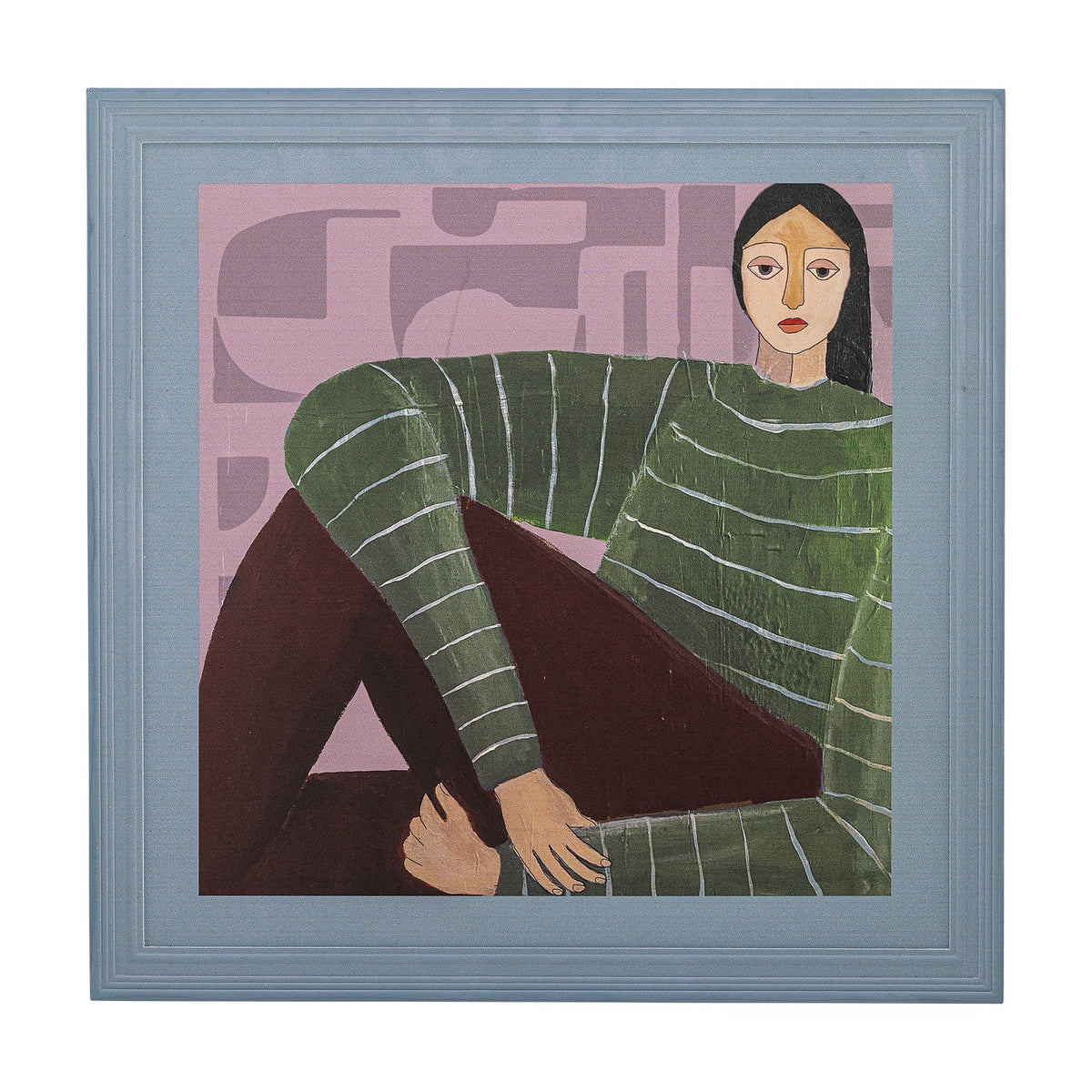 Zoy Wooden Framed Print - square wall art of a seated woman in a striped green jumper, painted in flat multicoloured style against abstract pink shapes, light blue wooden frame.